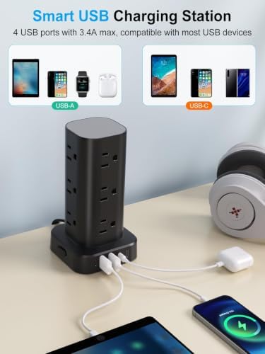 10FT Power Strip Tower Surge Protector, 12 Wide Spaced Outlets, 4 USB - Image 4