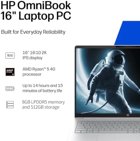 HP Omnibook 16" 2K Touchscreen Business Laptop, AMD Ryzen 5, 8GB DDR5 RAM, 512GB SSD, Win11 Pro, All-Day Battery Life, Copilot AI, WiFi 6, Fatcayes Accessory, Glacier Silver - Image 2