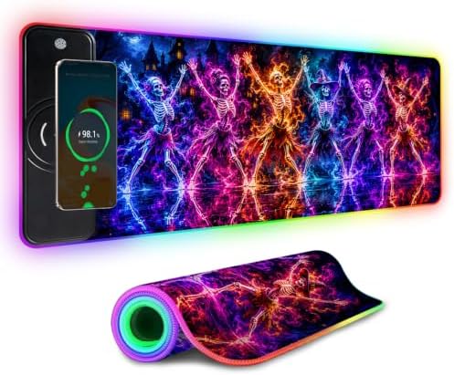 Wireless Charging RGB Gaming Mouse Pad Skull Dance 31.5 x 11.8 Inch Extended Mouse Mat with Neon Geometric Line Design, LED Desk Pad with 7 Lighting Modes, Non-Slip Base for Gaming & Office by LEIWEIHOPE