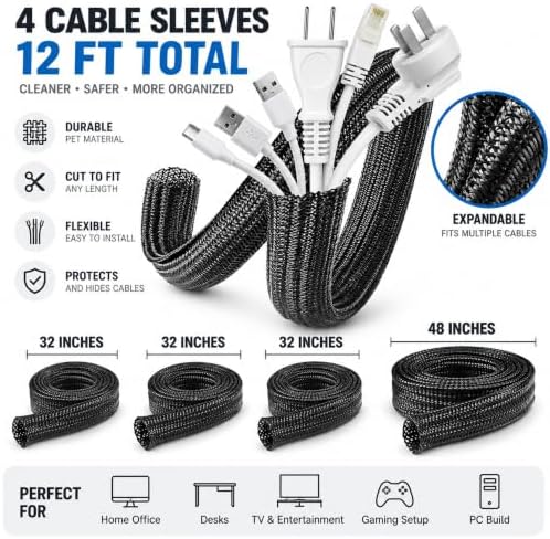 Cable Management Kit with Under Desk Raceway & 4 Long Cable Sleeves, Desk Cord Organizer with Cable Clips, Reusable Cable Ties & Cord Holders, Black - Image 2