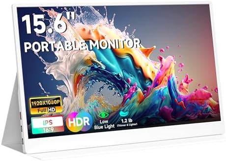 AYY Portable Monitor 15.6inch 1080P FHD - USB-C/HDMI Computer Display, HDR IPS Gaming Monitor Compatible with Laptop PC MAC Phone PS4 Xbox Switch, w/Smart Cover, Dual Speakers - White by AYYPortableMonitor