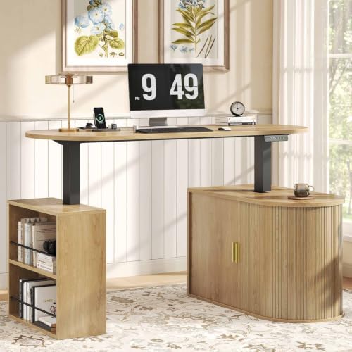 HSH Electric Standing Desk with Storage Cabinet Oak 60" Home Office Desks by HOMESWEETHOME