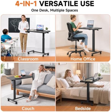 GTPLAYER Small Standing Desk with Lockable Wheels, Pneumatic Mobile Rolling Laptop Desk,Adjustable Height Overbed Bedside Table Computer Workstation for Home Office (32" W x 18" D, Black) - Image 5