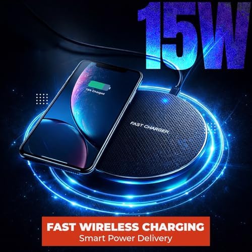 15W Wireless Charging Pad, Qi Compatible Wireless Charger for Smartphones, Fast Charging Non Slip Charger Mat with USB Cable for Desk, Office and Bedside - Image 2
