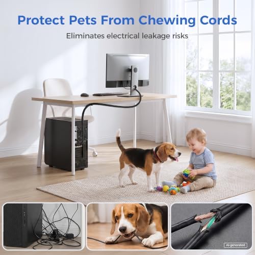 Delamu 10ft - 1/2 inch Cable Sleeve Cord Protector from Pets No Chew, Split-Braided PVC Wire Loom Tubing for Desk Computer USB TV Cord Organizer, Easy Set-up Cable Management Sleeve Kit, Black - Image 7