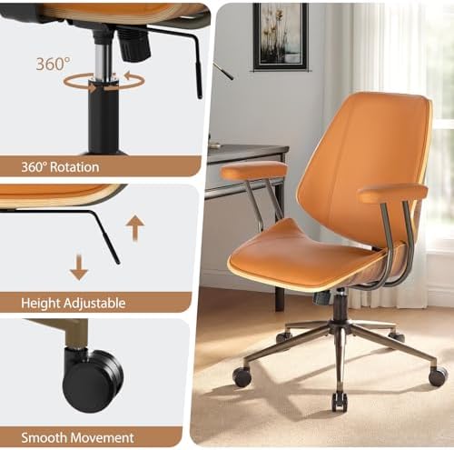 Modern Mid Back Office Chair, Adjustable Swivel Desk Chair with Arms, Brown - Image 4