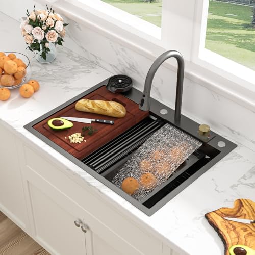 Sarlai black Waterfall Kitchen Sink - 28x22 Black Waterfall Drop In Workstation Sink Stainless Steel 16 Gauge Sinks Multifunction Single Bowl Smart Top Mount Kitchen Sinks with Faucet Combo by Sarlai
