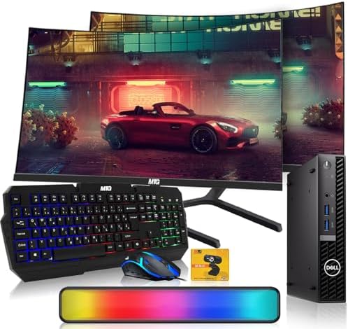Dell Optiplex Tiny Mini Desktop PC, Intel Core i5, 32GB RAM, 1TB SSD with Dual 27 inch Curved Monitor, AI Enabled RGB Keyboard Mouse, RGB Soundbar and Webcam Windows 11 Pro (Renewed) by Amazon+Renewed