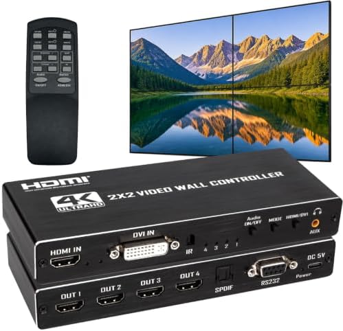 2x2 4k Video Wall Controller, Transform 4 TV Screens into a Single Wall Display with HDMI & DVI 4K Input, 180° Rotation, Audio Output, IR Remote/RS232/Button Press Control by Unknown