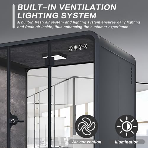 Office Sound Booth with Audio Privacy - Black Office Pod with Curved Corner Design&Small Table,Soundproof Booth Includes Central Lighting,Honeycomb Aluminum Panel,Fans for Negotiation(63IN) - Image 5