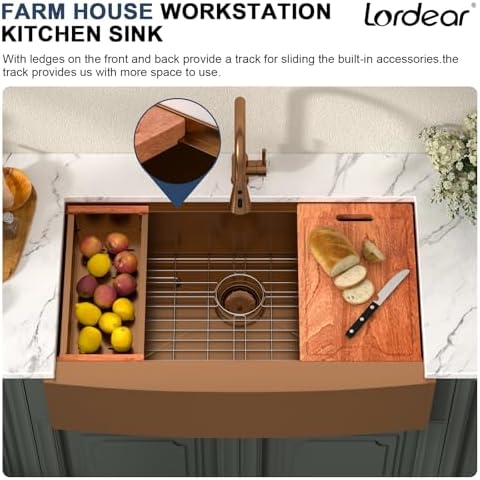 Lordear 36x21Inch Copper Tone Farmhouse Kitchen Sink Workstation SUS304 16-Gauge Stainless Steel Farmhouse Sink Apron Fron Farm Style Undermount Sinks, 36"x21"x10" - Image 5