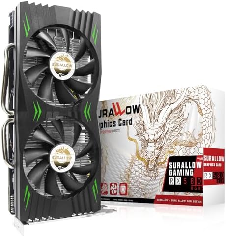 SURALLOW RX 580 Graphics Card 8GB 2048SP, GDDR5, 256 Bit, Pc Gaming Video Card, 3*DP, HDMI, PCI Express 3.0 with Freeze Fan Stop for Desktop Computer GPU for Gaming PC by SURALLOW