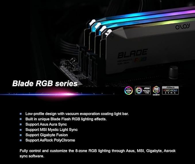 OLOy DDR4 RAM 16GB (2x8GB) Black Hairline Blade RGB 3200 MHz CL16 1.35V 288-Pin Desktop Gaming UDIMM (MD4U0832160BRKDA) - Image 3