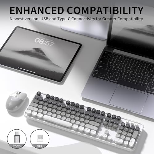 Creamy Wireless Keyboard and Mouse, MOFII 104 Round Keycaps Retro Typewriter with OTG & Brush, Full-Size Ergonomic, Ideal for Windows PC, Home, Office and College Gray White - Image 7