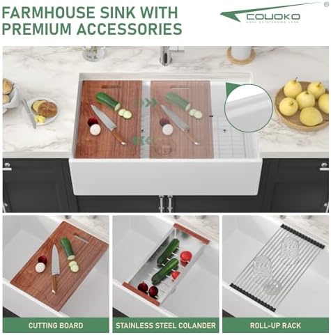 White Fireclay Farmhouse Sink Workstation - Couoko 33 Inch White Apron Front Fireclay Farm Sink Large Deep Ceramic Single Bowl Farmhouse Kitchen Sinks with Luxury Accessories, 33" x 20" x10" - Image 4