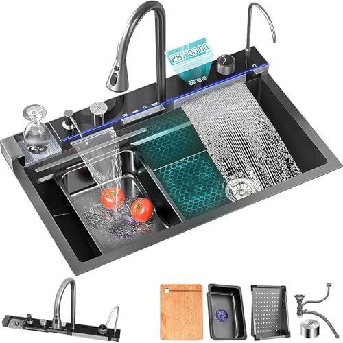Black Kitchen Sink 304 Stainless Steel Undermount/Drop In Waterfall Single Bowl Kitchen Workstation Sink with Pull-Out Faucet & Accessories (Whale, 31.5inch) by Unknown