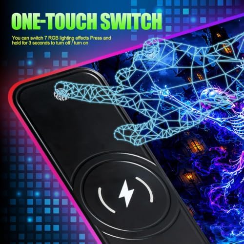 Wireless Charging RGB Gaming Mouse Pad Skull Dance 31.5 x 11.8 Inch Extended Mouse Mat with Neon Geometric Line Design, LED Desk Pad with 7 Lighting Modes, Non-Slip Base for Gaming & Office - Image 3