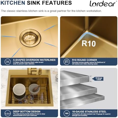 Lordear 18x18 Matte Gold Bar Sink with Faucet Drop In Workstation - Image 5