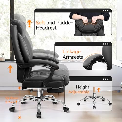 Office Chair, Executive Leather Office Chairs with Rocking Function, Big and Tall Ergonomic Computer Chair with Lumbar Support Flip-Up Armrests, Comfortable Gaming Chairs for Home Office - Image 5