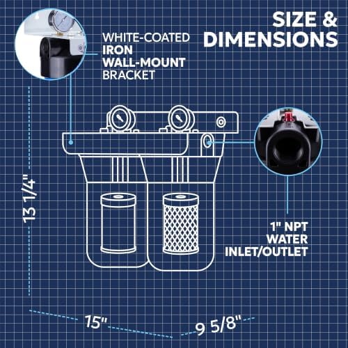 Aquaboon 2-Stage Whole House Water Filtration System with 5 Micron 10x4.5 Reducing Sediment and KDF Heavy Metals Water Filter Purification Cartrige, Pressure Gauges, Wrench, Bracket - Image 5