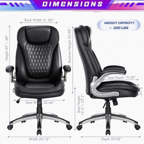 Office Chair Ergonomic Desk Chair-Executive Office Chair, High Back Computer Chair Flip-up Arms, Strong Metal Base, Swivel Rolling Leather Chair for Adult Work/Study-Black, 300lbs - Image 3