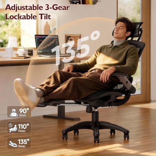Ergonomic High-Back Office Chair with Footrest – Flip-Up Arms, 3D Headrest, 135° Recline, and Wide Mesh Seat with Lumbar Support. Rolling Swivel Task Chair for Gaming or Work, Sturdy, 300 LBS. - Image 5