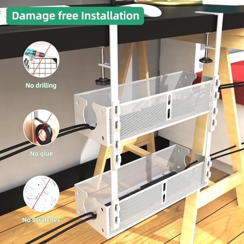 Multi-Model Under Desk Cable Management Tray 2 Packs Metal Under Desk Wire Management Clamp Mount Under Table Cord Management No Damage The Desk (White) - Image 5