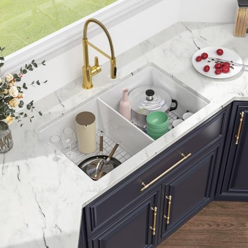 Kichae 32 White Undermount Kitchen Sink - 32x19 Inch Double Bowl Sink Undermount/Drop In Fireclay Ceramic Porcelain Dual Mount Double Basin 50/50 - Image 3