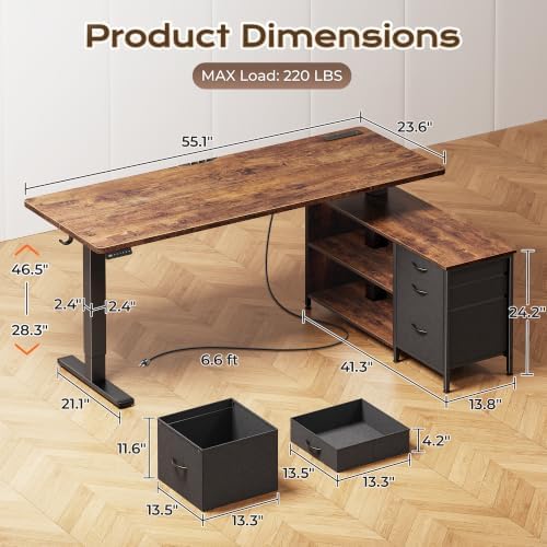 PRAISUN 55.1'' L Standing Desk with Outlets, Cabinet with Shelves, Drawers - Image 3