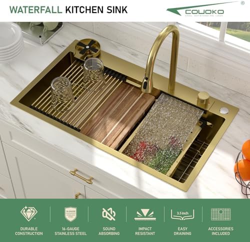 33 Gold Drop In Workstation Waterfall Kitchen Sink with Accessories - Image 2