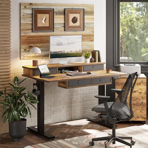 TIQLAB 55 * 28 Inch Standing Desk with Four Drawers, Electric Sit Stand Table, Stand Up Desk Adjustable Height with Storage Shelf, Splice Board, Rustic Brown - Image 2