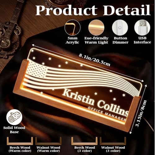 Personalized Light Up Acrylic Desk Name Plate - Custom Name Plate for Desk with Walnut Wood Base - Appreciation Office Gifts for Employees, Teacher, Social Worker (Stars) - Image 3