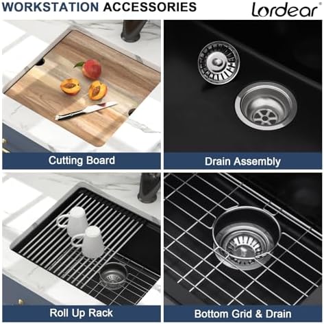 Lordear 18 Inch Undermount Granite Composite Bar Sink 18"x18" Composite Quartz Kitchen Sinks Black Single Bowl Under Counter Ledge Workstation Bar Prep RV Sink Basin - Image 6