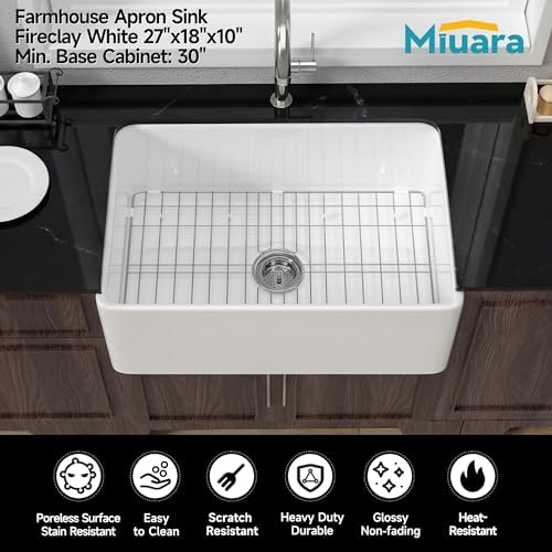 Miuara Farmhouse Sink 27 x 18 Inch White Fireclay Apron Front Kitchen Sink - Image 2