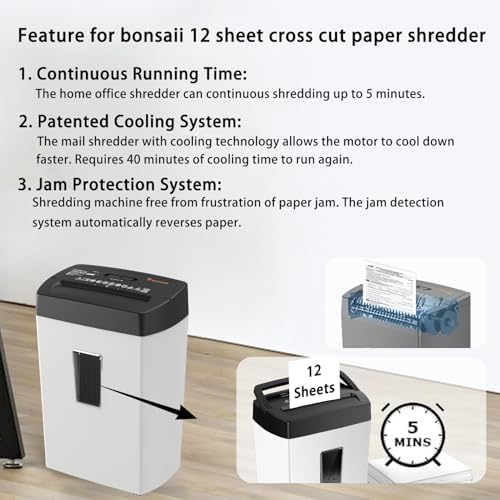 Bonsaii 12-Sheet Cross Cut Shredder, P-4 High Security, 5.5 Gal, Heavy Duty for Home Office, Shreds Paper, Credit Card, Mail, Staples, with Transparent Window, White & Black - Image 5