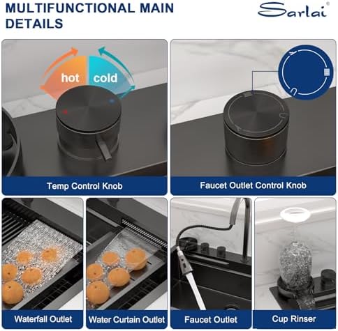 Sarlai Waterfall Kitchen Sink 30 Inch Black Drop In Kitchen Sink Topmount 16 Gauge Stainless Steel 30x22 Inch Single Bowl Multifuction Workstation Top Mount Sinks with Double Knob - Image 4