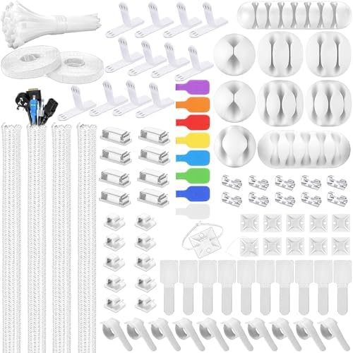 193 PCS Cable Management Kit - 4 Cable Sleeve, 57 Self Adhesive Cable Clips, 12 Hanging Strips, 12 Cable Organizer Straps and 100 Fastening Cable Ties for TV Computer Under Desk (White) by Unknown