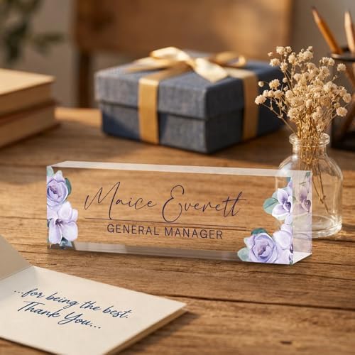 Personalized Name Plate for Desk Custom Desk Name Plate Acrylic Office Desk Accessories Decor for Women Teacher Nurse Boss Employee Appreciation Gifts for Mother Purple Floral Name Plates - Image 3