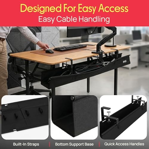 Pyle 36" Under Desk Cable Management Tray, Under Desk Wire Organizer with Clamp or Screw Mount, Desk Cable Organizer with Fabric Design for Large Workstations, Built-in Ties, 20 lb Capacity, Black - Image 5
