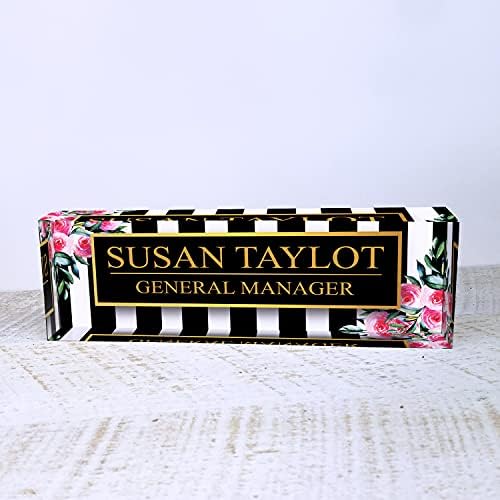 Artblox Office Desk Name Plate Personalized | Custom Name Plates for Desks | Black Stripes & Roses Design On Clear Acrylic Glass | Cute Office Desk Accessories Customized Gifts - (8" x 2.5") - Image 4