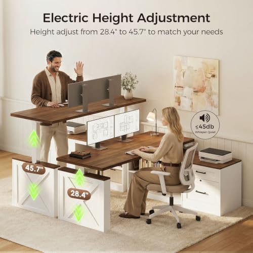 OffiGo 63 Inch Farmhouse L Shaped Electric Standing Desk, Walnut+White - Image 5