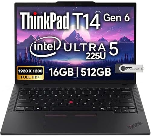 Lenovo ThinkPad T14 Gen 6 Business Laptop 14" FHD+ IPS, Intel Ultra 5 225U, 16GB DDR5 RAM, 512GB SSD, 5MP HD Webcam, Fingerprint, Backlit, Wi-Fi 6E, 2 Thunderbolt 4, AI PC by LENOVO