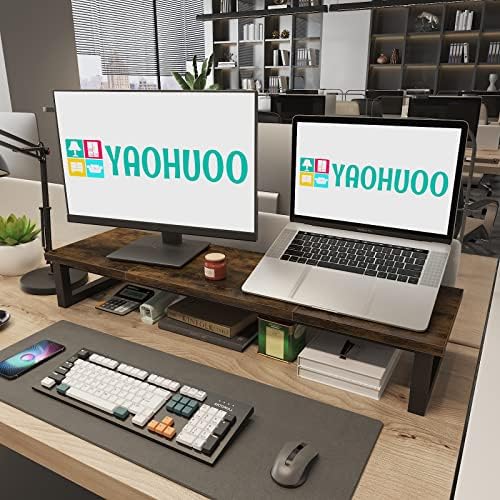 YAOHUOO Dual Monitor Stand Riser, 39Inch Large Monitor Stands for 2 Monitors, Computer Monitor Stand, Wooden Desktop Oraganizer Shelf for Office Desk Computer,Laptop,TV - Image 3