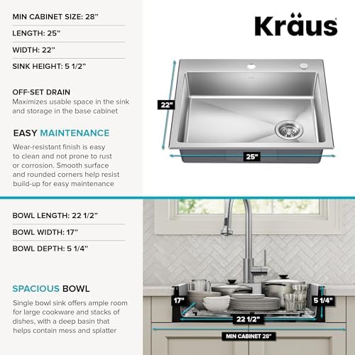KRAUS Fairlane 25-inch ADA Compliant Drop In/Top Mount Single Bowl 18-Gauge Stainless Steel Kitchen Sink, KHT641-25-5.5 - Image 5