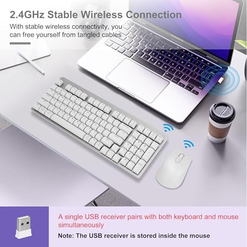 LeadsaiL Wireless Keyboard and Mouse Combo, 2.4Ghz Cordless Mechanical Keyboard and Silent Mouse for Business, Low-Profile Red Switch, 98-Key Compact Slim Keyboard for Windows/MacOS PC Laptop- Silver - Image 4