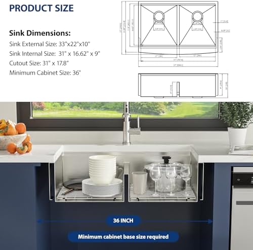 Lordear 33 Inch Stainless Steel Farmhouse Sink 16 Gauge T304 Double Bowl Kitchen Sink Workstation Apron Front Low Divide 50/50 Double Kitchen Farm Sinks 33X22X10 Inch - Image 6