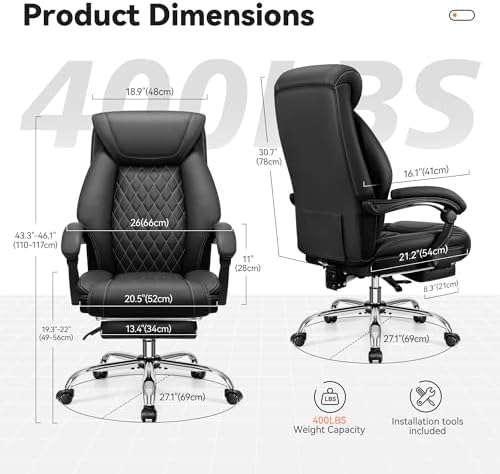 Office Chair, Executive Leather Office Chairs with Rocking Function, Big and Tall Ergonomic Computer Chair with Lumbar Support Flip-Up Armrests, Comfortable Gaming Chairs for Home Office - Image 3