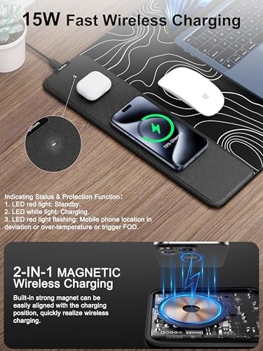 Mouse Pad with Wireless Charging, Large Desk Mat, Black Topographic Map #2 - Image 2