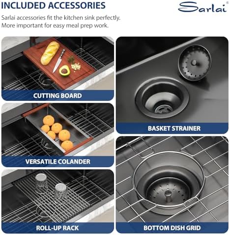 Sarlai 36 Inch Drop In Kitchen Sink - 36x22 Black Drop Kitchen Sink Ledge Workstation 16 Gauge Stainless Steel Gunmetal Black Sinks Topmount Single Bowl Over Counter Sinks Basin Round Corners - Image 7