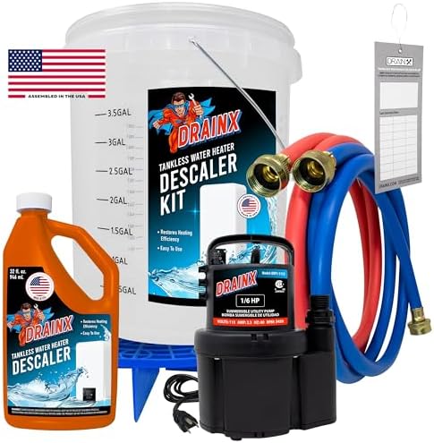 DrainX Tankless Water Heater Flushing Kit Includes Submersible Pump, Hoses, Liquid Descaler Solution, and Measuring Bucket by DrainX